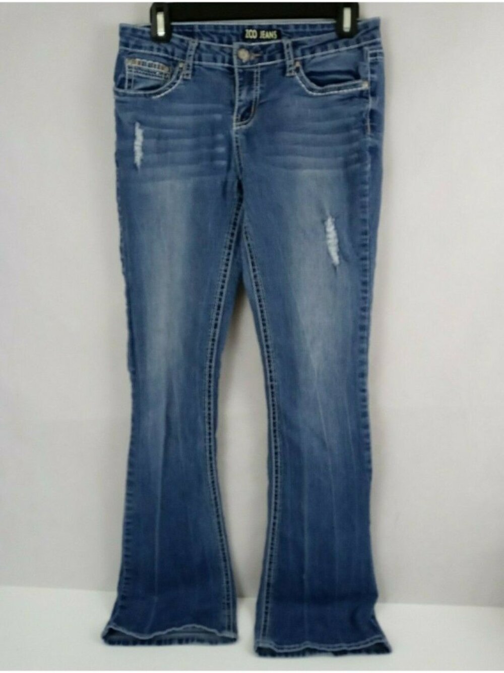 ZCO Jeans Ripped Distressed Whiskered Embroidered Cross Pockets Flare Size 9